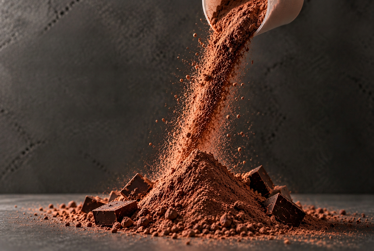 MUSCLE OTC chocolate protein powder pouring onto a dark surface